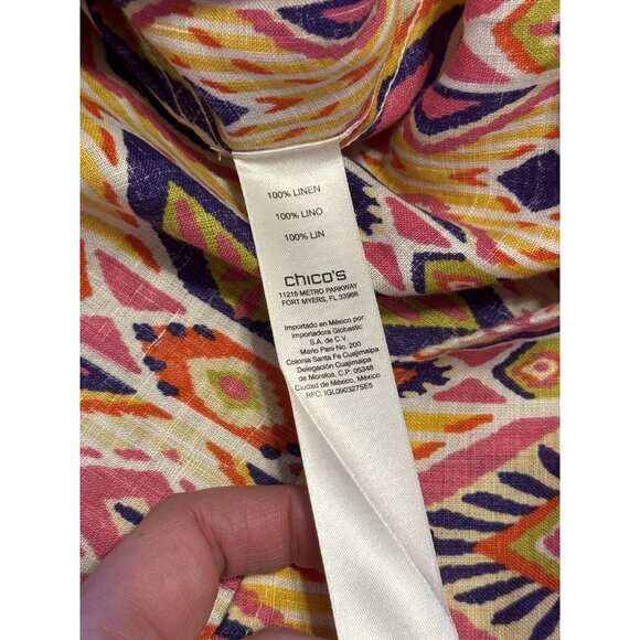 Chicos Womens Size 0 Linen No Iron Button Up Shirt 3/4 Sleeve Aztec Colorful - Picture 10 of 15